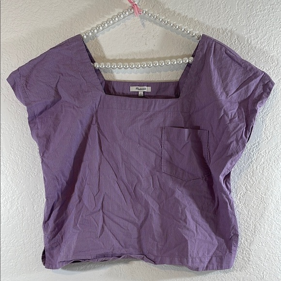 MADEWELL Square Neck Top in Purple & White Stripped Box Blouse Size Large - Picture 2 of 10